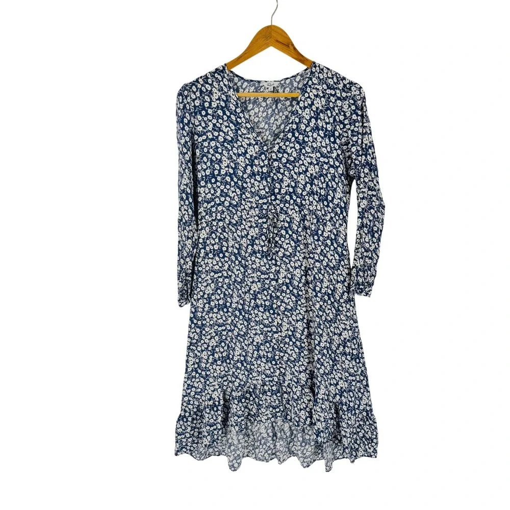 Rails Jade Dress Navy Camellia Floral Print Medium V-Neck Long Sleeve Ruffle Hem